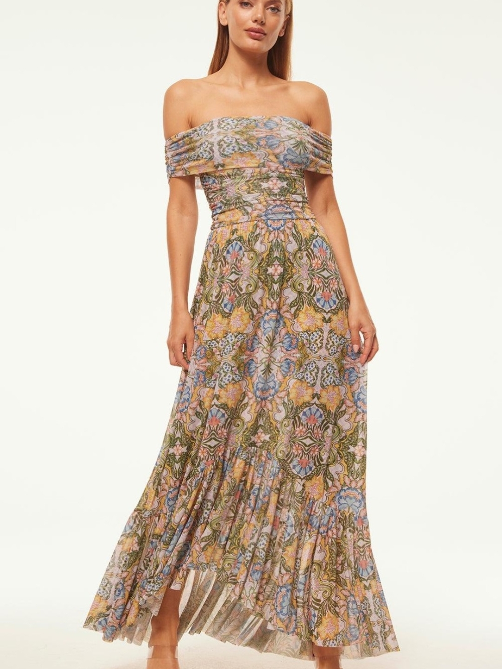 Misa Los Angeles Strapless Floral Maxi Dress in Olive, Blue & Pink